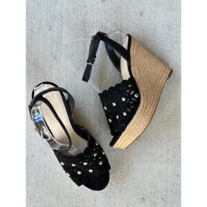 Marc Fisher Woman’s 7.5 Hata Wedge Black Multi Suede Leather Heeled Sandals Chic